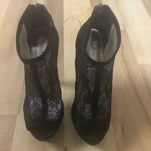 Bebe Floral Lace Peep Toe Booties